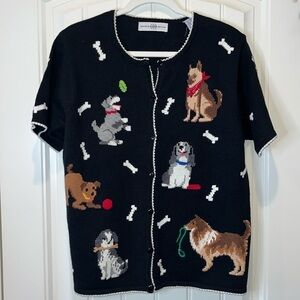 Adorable short sleeve button sweater dogs puppies Marisa Christina L novelty